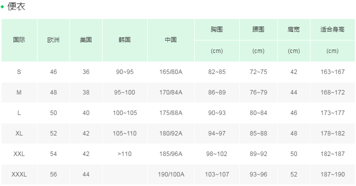 男装便衣尺码对照表