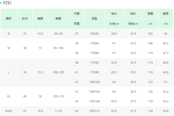 男装衬衫尺码对照表