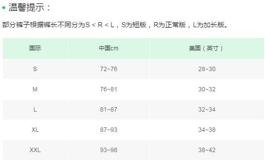 部分裤子长度对照表